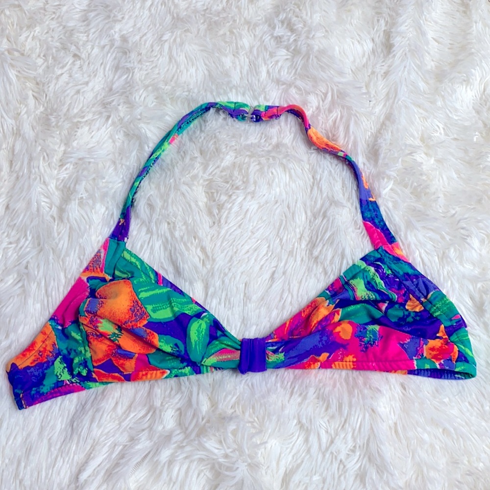 Neon Purple Pink Green Orange Floral Halter Swim Top Girl’s Size Youth 14